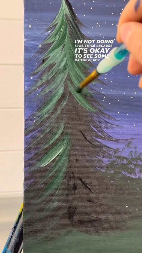 Pine Tree Painting Acrylic Easy, Painted Evergreen Trees, Canvas Tree Painting Easy, Painting Evergreen Trees Acrylic, Evergreen Trees Painting, How To Paint Trees Easy, Painting Evergreen Trees, How To Paint A Pine Tree, How To Paint Pine Trees