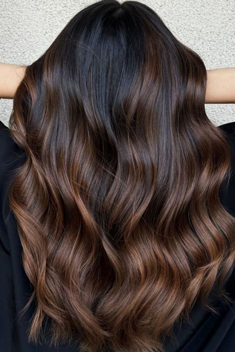 Caramel Cinnamon Balayage Caramel Ombre On Black Hair, Caramel Brown Ombre Hair, Balayage Ombre For Dark Brown Hair, Dark Hair Bayalage Long, Low Maintenance Caramel Highlights, Balayage Hair Dark Brunette, Straight Hair With Caramel Highlights, Cool Brown Tones Hair, Rich Brown Hair Balayage