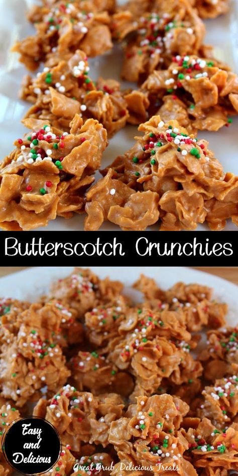 Butterscotch Crunchies are no bake, easy and delicious, made with only 3 ingredients, corn flakes, peanut butter and butterscotch. #nobakecookierecipe #easynobakecookie Butterscotch Crunchies, Cornflakes Recipes, Bake Sell, Cornflake Recipes, Butterscotch Desserts, Bakery Goodies, Butterscotch Recipes, Campfire Snacks, Flake Recipes