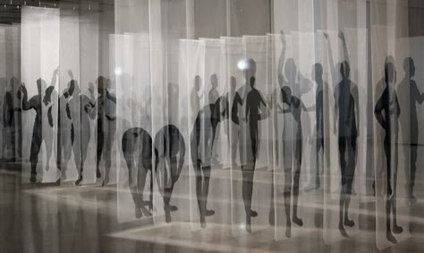 Déjà Vu -installations consist of life size, hand painted ink silhouettes on tulle fabrics. This work was in HUMANS, the 15th edition of Miniartextil, the contemporary textile art exhibition in Le Beffroi, Montrouge, Paris, 2019. Fabric Installation, Gcse Art, In Construction, A Level Art, Sculpture Installation, Magazine Art, Art Display, Life Size, Exhibition Design