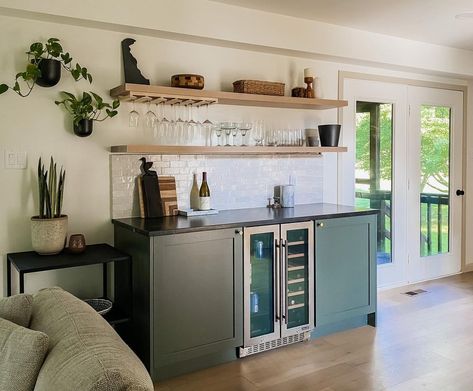 Michelle (& Eric) | 𝘏𝘰𝘮𝘦 & 𝘋𝘐𝘠 on Instagram: “Bar reveal but showing you the gooooods this time! It’s one thing to have a bar, but you need the items to make it function like a bar…” Home Dry Bar, Green Shaker Kitchen, Suffolk House, Ikea Sektion Cabinets, Tufted Mattress, 1980s Kitchen, Ikea Kitchen Planner, Top Appliances, Basement Redo