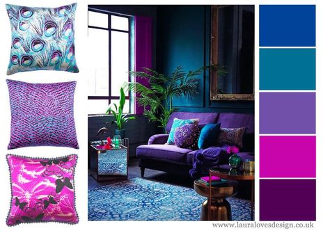 Purple And Emerald Bedroom, Peacock Theme Decoration Home Decor, Peacock Color Palette Living Room, Peacock Inspired Living Room, Jewel Coloured Living Room, Green And Teal Color Palette, Teal And Purple Bedroom, Peacock Interior, Color Palette Emerald Green