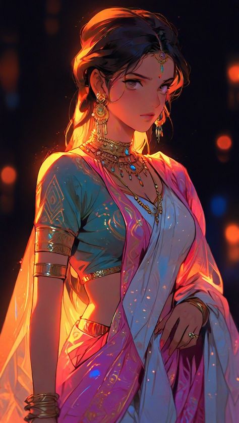 Indian Anime Woman, Mahabharat Anime, Saree Anime, Batgirl Art, Dancer Drawing, Dress India, Different Dress Styles, Sky People, Goddess Aesthetic