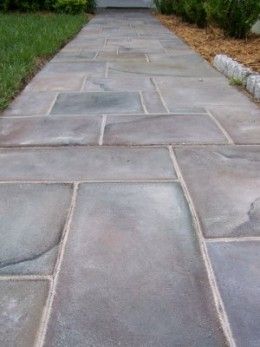 jj - this one looks easy - we may have to check on the availability of outdoor folkart paint. Slate Walkway, Diy Concrete Patio, Patio Ideas On A Budget, Paint Concrete Patio, Diy Driveway, Stain Concrete, Easy Patio, Backyard Walkway, Cement Patio