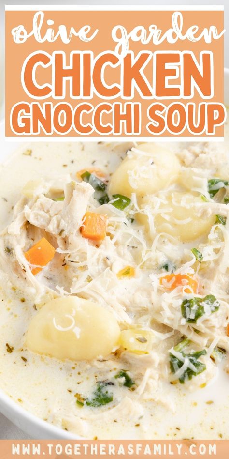 Olive Garden Chicken Gnocchi Soup is just as creamy and delicious as the restaurant version - but made in under an hour right in your own kitchen! This copycat recipe is full of fluffy gnocchi, chicken, fresh veggies like carrots and spinach, dried seasonings, and it cooks in a creamy chicken broth base on the stove top. Best Chicken Gnocchi Soup, Easy Cauliflower Soup, Chicken Gnocchi Soup Recipe, Olive Garden Chicken Gnocchi, Gnocchi Recipes Soup, Olive Garden Chicken, Chicken Gnocchi Soup Olive Garden, Chicken Gnocchi, Chicken Gnocchi Soup