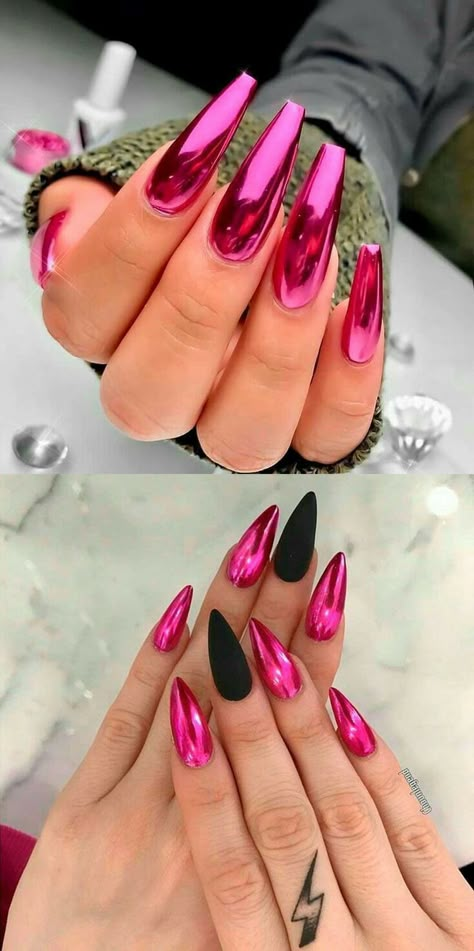 Neon Chrome Nails Designs, Blue Chrome Nails With Design, Pink And Purple Chrome Nails, Black Nails With Pink Chrome, Bright Pink And Black Nails, Chrome Neon Nails, Chrome Pink Nails Designs, Neon Pink Chrome Nails, Bright Chrome Nails