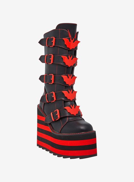 Take your look to new heights in these batty platform boots! Featuring red bat designs down the center with contrast red buckles. Comes with a black and red striped platform  plus back zipper closures.Listed in women's sizes.Platform: 3''Heel: 6''Polyurethane upper; rubber soleImported Black And Red Platform Shoes, Cool Platform Boots, Platform Boots Drawing, Alt Boots, Bat Outfit, Gothic Platform Boots, Red Platform Boots, Goth Shoes, Demonia Shoes