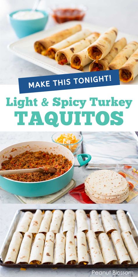 Easy baked turkey taquitos are a crispy way to enjoy tacos you can nibble. Spiced ground turkey is rolled up in a flour tortilla with cheese and then baked. Serve it with a simple side dish for a busy weeknight dinner your kids will love. Ground Turkey And Tortilla Recipes, Ground Turkey Taquitos Baked, Taquitos Ground Turkey, Ground Turkey Taco Recipes For Dinner, Ground Turkey Taquitos, Ground Turkey Recipes For Kids, Ground Turkey Lunch, Ground Turkey Tortilla, Flour Taquitos