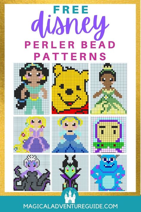 These fun and free printable Disney Perler bead patterns are perfect for putting those fusion beads to work! Kids and adults alike will enjoy this activity as you craft your favorite characters! Perler Bead Disney Characters, Melty Bead Patterns Disney, Perler Crafts Projects, Disney Melty Beads Patterns, Perler Beads Ideas To Sell, Up Perler Bead Pattern, Disney Fuse Bead Patterns, Disney Fuse Beads, Perler Bead Printable Patterns