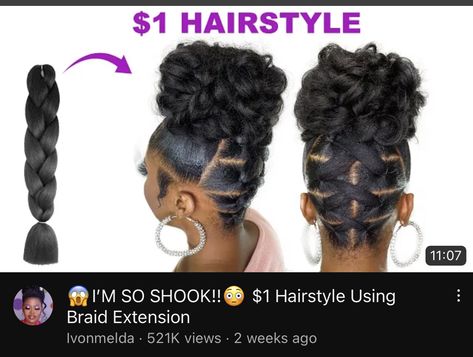 Updos Using Braiding Hair, Braid Up Styles Black Women, Updo Hairstyles With Braiding Hair, Two Braids Updo, Natural Diy Hairstyles For Black Women, Updos With Braiding Hair, 4c Hairstyles Ponytail, Easy Updo With Extensions, Natural Hair Styles With Braiding Hair