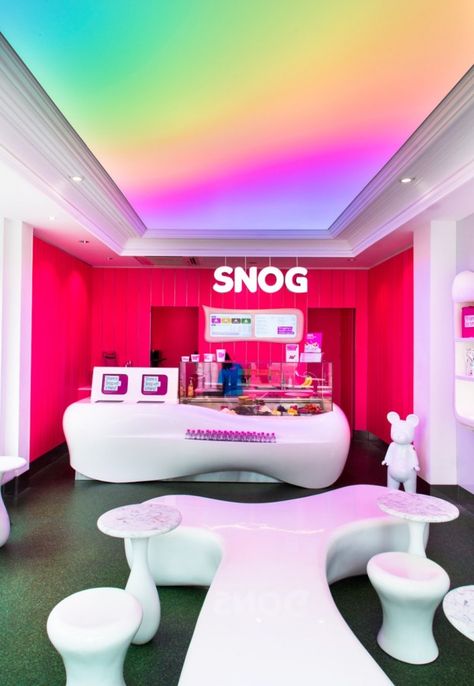 Barrisol translucent RGB lightbox installed at Snog yogurt in London Luminous Ceiling, Ceiling Details, Stretch Ceiling, Lighting Control System, Light Boxes, Ceiling Detail, Led Light Box, Coffee Shop Design, Ice Cream Shop