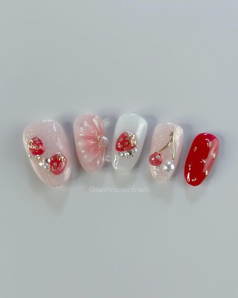 Jelly strawberry press on nails 🍓 Jelly Strawberry Nails, Strawberry Jelly Nails, Jelly Nails Charms, Pink Jelly Nails With Charms, Korean Jelly Nails With Charms, Strawberry Press On Nails, Jelly Strawberry, Strawberry Nail, Strawberry Nails