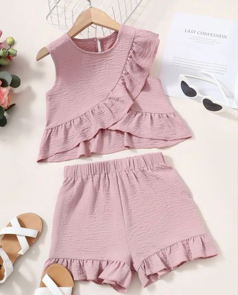 Girls Ruffle Trim Back Top & Shorts Diy Toddler Dress, Kids Dress Wear, Baby Dress Design, Kids Gown, Fashion Tops Blouse, Girls Clothing Sets