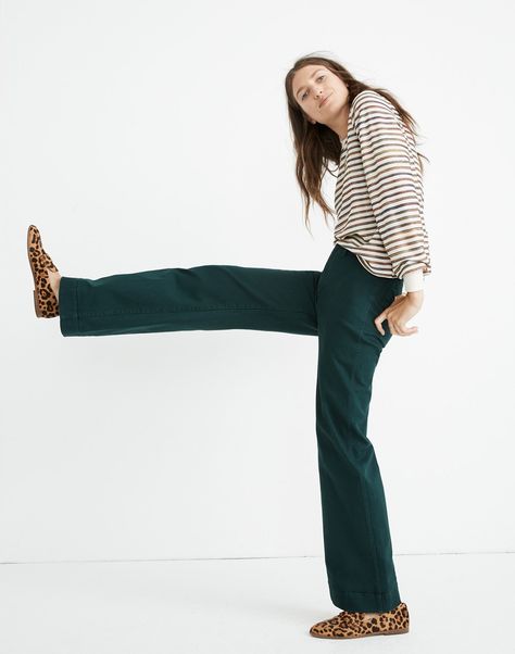 Madewell Women's Petite Emmett Wide-Leg Pants in SMOKY SPRUCE - Size P32 Green Dress Pants, Clothing Guide, Heel Accessories, Animal Print Shoes, Denim Shoes, Petite Outfits, Bell Bottom Jeans, Madewell, Wardrobe Essentials