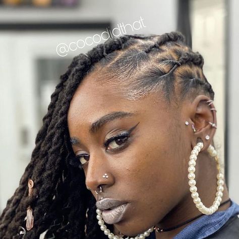 Coco Did That on Instagram: "Lemonade Locs 🍋 (like lemonade braids 😂) on the one and only @gunshots_ 🤩🔥😍 #locqueen #locqueensrock #locjourney #locqueens #locstyles #locstylesforwomen #longlocs #longlocstyles #healthylocs #locgirlsrock #womenwithlocs #locgoddess #locnation #locnationthemovement #atllocstylist #atlloctician #atlstylist #loctician #locticians #atlantalocs #locsatl #nyclocs" Lemonade Loc Styles, Lemondae Braids, Braided Locs, Dread Designs, Long Loc Styles, Locs Journey, Dread Heads, Dread Styles, Lemonade Braids