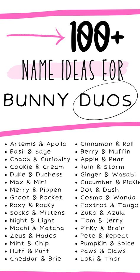 Trying to come up with matching names for your bunny pair? Try some of these cute pet name ideas for pairs, including some ideas from pop culture, food, and funny words phrases that just go together | bunny couple names, matching bunny names | bunny pair names | bunny names ideas | pet name ideas Matching Names Couple, Bunny Names Ideas, Pet Name Ideas, Matching Names, Zeus And Hades, Bunny Things, Cute Pet Names, Bunny Couple, Bunny Lady