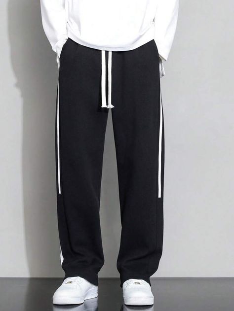 Men Contrast Tape Side Drawstring Waist Pants | SHEIN USA Streetwear Sweatpants With Side Pockets And Straight Hem, Shein Pants Men, Streetwear Sweatpants With Side Stripes, Luxury Men's Sweatpants With Side Stripes, Streetwear Full-length Sweatpants With Elastic Waistband, Drawstring Waist Pants, Smart Casual Outfit, Smart Casual, Drawstring Waist