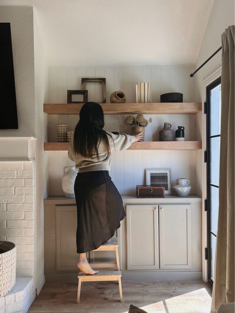 Floating Wood Shelf Office, Floating Shelves Across Entire Wall, Target Floating Shelves, Shelf Decor Basement, Amazon Floating Shelf, Organic Modern Floating Shelves, Floating Shelves On Fireplace Wall, Styling A Floating Shelf Living Room, Mcgee And Co Shelf Styling