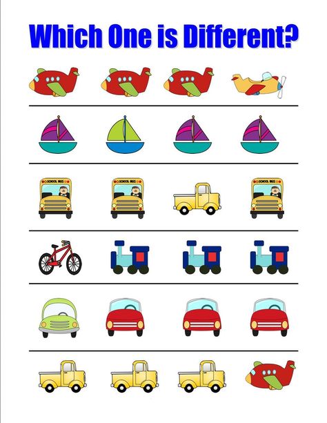 This page contains printable same and different practice sheets for pre-school and kindergarten kids on recognizing same sizes, identifying same objects, differentiating objects, odd one out, and more. You can also print some of these worksheets for free. Print out these free worksheets to help your kids learn the concepts of “same” and “different”.  Exercises cover the same and different objects, shapes, and words.  All worksheets are printable. Make learning for your pr Transportation Preschool Activities, Transportation Theme Preschool, Transportation Worksheet, Preschool Transportation, Transportation Unit, Transportation For Kids, Transportation Activities, Transportation Crafts, Sport Videos