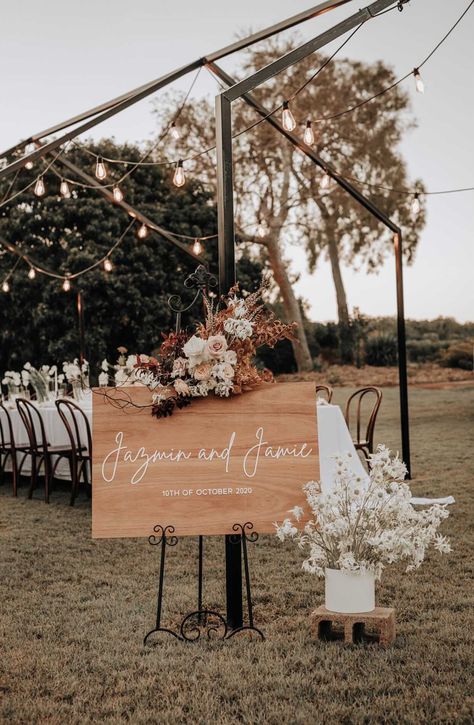 Is there a better combination then outdoor wedding seating and festoon lighting?! What a magical setup #boho #wedding #welcomesign #tablescape #outdoorwedding #eventsign #festoonlighting #outdoordining #underthestars #2020wedding #weddinginspo Outdoor Wedding Seating, Wooden Signage, Welcome Wood Sign, Seating Sign, Wooden Wedding Signs, Reception Inspiration, Vintage Wedding Theme, Event Signage, Hardwood Plywood