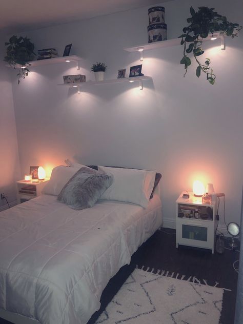 Battery Operated Lights Bedroom, Led Light Headboard, Bulb Lights In Bedroom, Shelves Above Bed, Floating Shelves Bedroom Above Bed, Lights Above Bed, Decor Above Bed, Future Bedroom Ideas, Gray Bedroom Walls