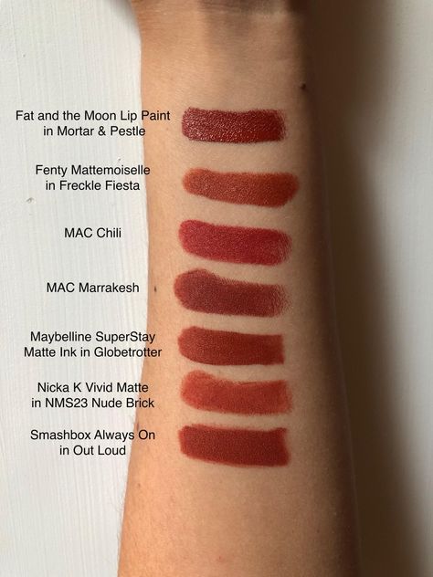 Red Lipstick Collection, Brick Red Lipstick Makeup, Mac Red Lipstick Swatches, Brick Color Lipstick, Brick Brown Hair Color, Brick Red Lip, Cool Red Lipstick Shades, Brown Lipstick Swatches, Brick Red Nails