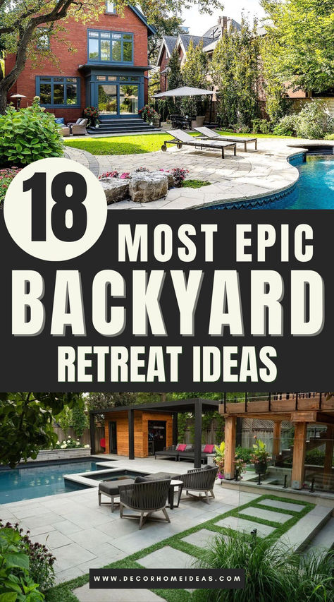 Discover 18 of the most epic backyard retreat ideas that will inspire you to transform your outdoor space into a haven of relaxation. From luxurious lounging areas to calming water features and fire pits, these designs offer everything you need to create your own private sanctuary. Explore now! Entertaining Yard Ideas, Crazy Backyard Ideas, Backyard Garden Oasis Landscaping Ideas, Relaxing Yard Ideas, 1acre Backyard Ideas, Lush Arizona Backyard, Amazing Outdoor Living Spaces, High End Backyard Ideas, Outdoor Space Ideas Amazing Backyards