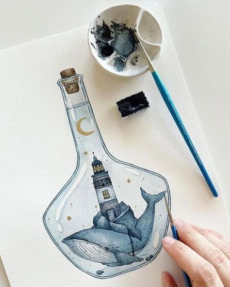 Watercolor Art Whale, Jar Sketch, Watercolor Steps, Paynes Grey, Sea Creatures Drawing, Whale Watercolor, Whale Drawing, Whale Illustration, Bottle Drawing