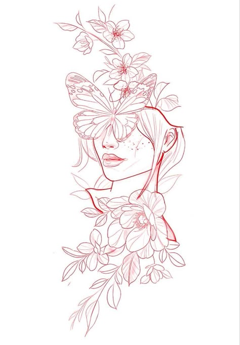 Butterfly Women Tattoo, Woman And Flowers Drawing, Back Tattoo Women Sketch, Floral Lady Tattoo, Butterfly Lady Head Tattoo, Woman Butterfly Face Tattoo, Tattoos Of Women Faces, Girly Sleeve Tattoo Ideas, Womens Face Tattoo Design