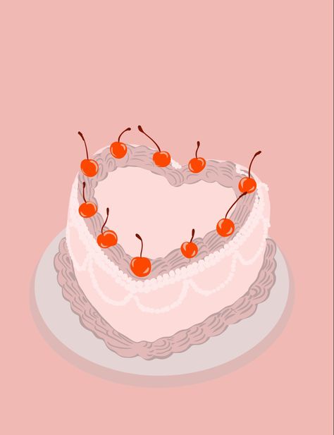 Cake wall print Aesthetic Cake Painting, Heart Cake Painting, Vintage Cake Wallpaper, Heart Cake Illustration, Vintage Cake Tattoo, Vintage Cake Illustration, Birthday Cake Drawing Aesthetic, Vintage Cake Drawing, Heart Cake Drawing