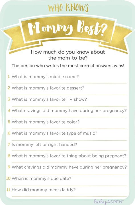 With all of the mom-to-be’s closest friends and family in one room, why not put them to the test? You may be surprised who knows the most about the soon-to-be mom! | Who Knows Mommy Best? | 3 Baby Shower Games We Love + Printables | Baby Aspen Baby Shower Ideas For Girls Decorations, Pregnant Tips, Who Knows Mommy Best, Pumping Moms, Baby Sleep Problems, Fiesta Baby Shower, Baby Arrival, Mom To Be, Baby Shower Planning