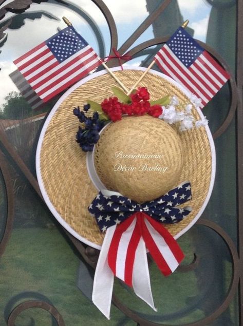 Proud Patriotic Entry For Memorial Day 2015 | Hometalk Straw Hat Crafts, Patriotic Garden, Hat Hangers, Garden Hat, Wreath Alternative, Memorial Day Decorations, Memorial Day Wreaths, 4th July Crafts, Gardening Hat