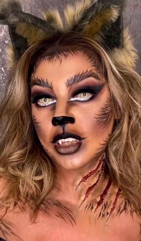 Hot Werewolf Costume, Womens Werewolf Costume, Wolf Man Makeup, Wear Wolf Makeup, Wearwolf Makeup Woman Halloween, Wolf Face Makeup, Werewolf Woman Costume, Wolf Halloween Costume Women, Wolf Make Up Halloween