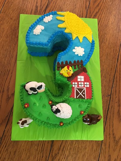 3 number cake with farm animals #farmcake #numbercake 3rd Month Birthday Cake, Farm Number Cake, Number 2 Farm Cake, 3ieio Birthday, Farm Birthday Sheet Cake, Farm Animal Sheet Cake, Farm 2nd Birthday Cake, Three I E I O Cake, Farm 3rd Birthday Party For Boys