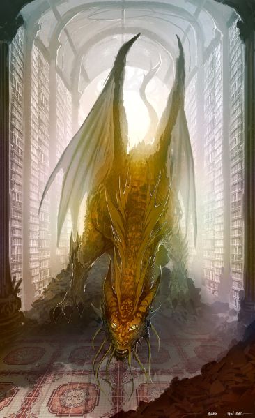 dragon in the library Golden Dragon Fantasy Art, Powerful Dragon Art, Yellow Dragon Art, Ancient Gold Dragon, Gold Dragon Art, Golden Dragon Art, Dragon Hoarding, Dragon Library, Library Dragon