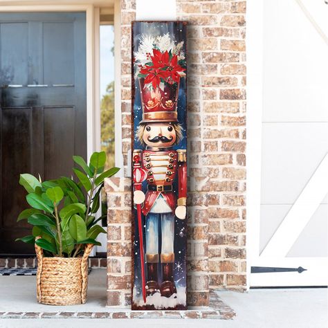 The Holiday Aisle® Zella Weather Resistant Wood Wall Decor | Wayfair Christmas Signs Front Porches, Christmas Porch Signs, Nutcracker Image, Modern Farmhouse Entryway, Christmas Boards, Nutcracker Design, Vintage Nutcracker, Vintage Nutcrackers, Porch Sign