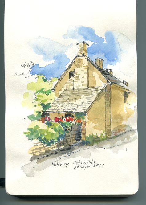 Bibury Cottages Cottage Drawing, Cottage Illustration, Family Portrait Drawing, Cotswolds Cottage, Pen And Wash, Watercolor Beginner, Watercolor Architecture, Architecture Drawing Art, Watercolor Mountains