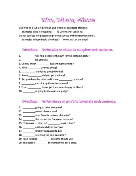 Who Whom Whose Worksheet, Whose Worksheet, Possessive Pronoun, Object Pronouns, Wh Questions, Word Online, English As A Second Language (esl), English As A Second Language, Forgot My Password