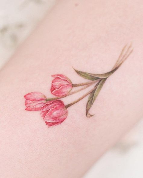 Tulip Tattoos For Women, Pink Tulip Tattoo, Tulip Fine Line Tattoo, Red Tulip Tattoo, Tulip Bouquet Tattoo, Fine Line Tulip Tattoo, Tulip Flower Tattoo, Virgo Flower Tattoo, Virgo Flower