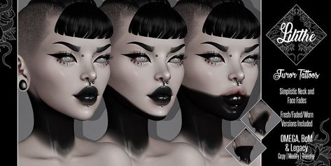 Lilithe'// Furor Tattoos by Lilithé https://flic.kr/p/2iWXCz1 second life sl tattoo tattoos applier appliers bom legacy omega fade fades goth gothic demon face neck head lips chin fresh faded worn lilithé lilithe blackwork simple simplistic blackout furor goddess baked mesh Black Neck Makeup, Second Life Tattoo, Sims 4 Cc Black Makeup, Sims 4 Goth Tattoos, Doux Hair Sims 4, Metal Head Sims 4 Cc, Goth Makeup Sims 4 Cc, Sims 4 Cc Neck Tattoo, Sims 4 Goth Makeup