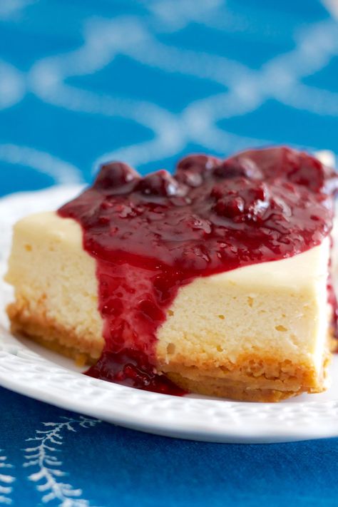 Classic cheesecake topped with four type of berries – blueberry, strawberry, blackberry, and raspberry. If these berries are not available, feel free to use and combine any fresh or frozen berries for the sauce. Berry Sauce For Cheesecake, Berries Sauce, Sauce For Cheesecake, Mixed Berry Sauce, Tea Breads, Cheesecake Photos, Roasted Grape Tomatoes, Crispy Sweet Potato Fries, Butter Cakes