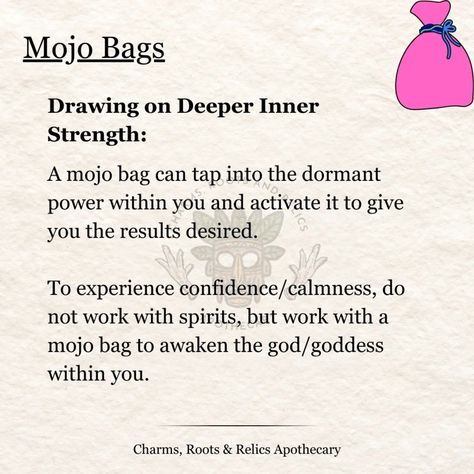 Mojo Bag - an amulet consisting of a flannel bag containing one or more magickal items. It is a "prayer in a bag" or a spell that can be carried with or on the hosts body. Alternative names for the mojo bag include: gris Gris bag, hand, mojo hand, conjure hand, lucky hand, conjure bag, trick bag, root bag, toby and jomo. • • • #mojo #mojobags #grisgris #magic #magick #hoodoo #hoodoospells #hoodoogurus #hoodoovoodoo #vodou #conjure #conjurewoman #brujas #brujeria #witchesofinstagram #hoodoo... Conjure Woman, Hoodoo Spells, Mojo Bags, Voodoo Hoodoo, Alternative Names, Folk Magic, Drawing Bag, A Prayer, Inner Strength