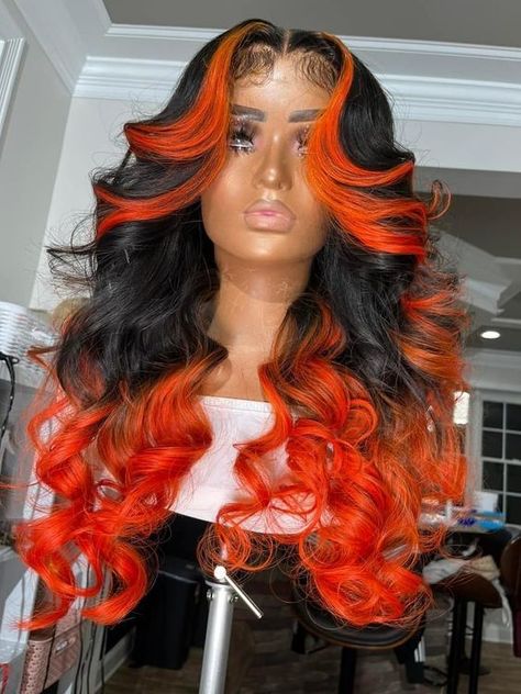 Orange & Black Wig Black Wigs With Color, Glamorous Hairstyles For Long Hair, Red And Black Wig, Side Braids Hairstyles, Trendy Hairstyles For Short Hair, Glamorous Hairstyles, Side Braids, Frontal Wig Hairstyles, Lace Fronts