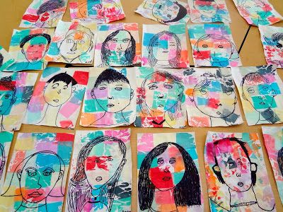 Paul Klee inspired self-portraits. Done in sharpies, with correct proportions - then with color bleeding tissue paper added on top, and later removed. Photo & idea from thetalkingwallsmurals.blogspot Matisse Art Project, Self Portrait Art, Paul Klee Art, Face Proportions, Art Project For Kids, 2nd Grade Art, Portrait Face, 4th Grade Art, 3rd Grade Art