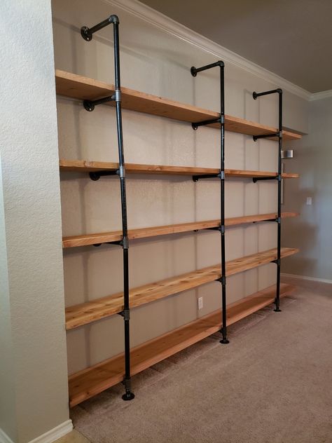 Diy Floor To Ceiling Shelves, Boutique Storage Room, Bar Interior Design Industrial, Floating Shelves Pantry, Shelves Industral, Rolling Industrial Shelves, Steel Pipe Shelving, Cedar Shelves, Pipe Furniture Wall Shelves