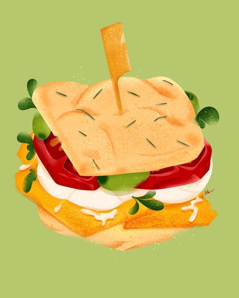 food illustration digital art food illustrator focaccia Italian sandwich tomato aesthetic Focaccia Illustration, Panini Illustration, Tomato Basil Sandwich, Tomato Aesthetic, Sandwich Illustration, Art School Inspiration, Sandwich Drawing, Sandwich Art, Cosmetics Illustration