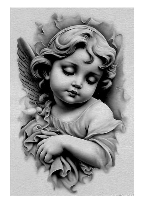 Cherubim Tattoo Design, Baby Angel Tattoo Designs, Cherub Tattoo Designs, Angel Sculpture Art, Baby Angel Tattoo, Cherub Art, Cute Owl Tattoo, Dragon Tattoo Ideas, Cherub Tattoo