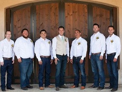 LOVE this look of all the men in jeans, boots and crisp white shirts, with the groom wearing the only vest and tie. Description from pinterest.com. I searched for this on bing.com/images Groomsmen Jeans, Rustic Groomsmen, Country Groomsmen, Groom Vest, Jeans Wedding, Wedding Groomsmen Attire, Groomsmen Grey, Country Ideas, Mens Wedding Attire