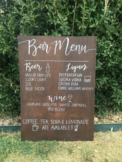 Wedding Signs For Bar Area, Wood Bar Sign Wedding, Diy Drink Menu For Wedding, Bar Menus For Wedding, Beverage Signs For Party, Drink Menu Chalkboard Bar Signs, Wedding Bar Menu Sign Diy, Rustic Bar Signs For Wedding, Wooden Bar Sign Wedding