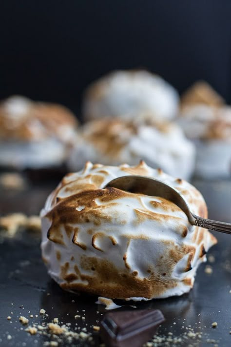 Meringue Encased Chocolate Mousse S'more Cakes | halfbakedharvest.com Smore Cake, Cakes Pretty, Harvest Food, Smores Dessert, Meringue Cake, Anna Pavlova, Slow Cooker Desserts, Extra Work, Half Baked